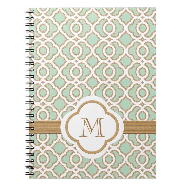 Monogrammed Mint Green and Gold Moroccan Spiral Notebook (Front)