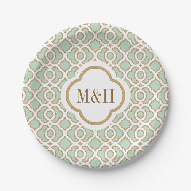 Monogrammed Mint Green and Gold Moroccan Wedding Paper Plate (Front)