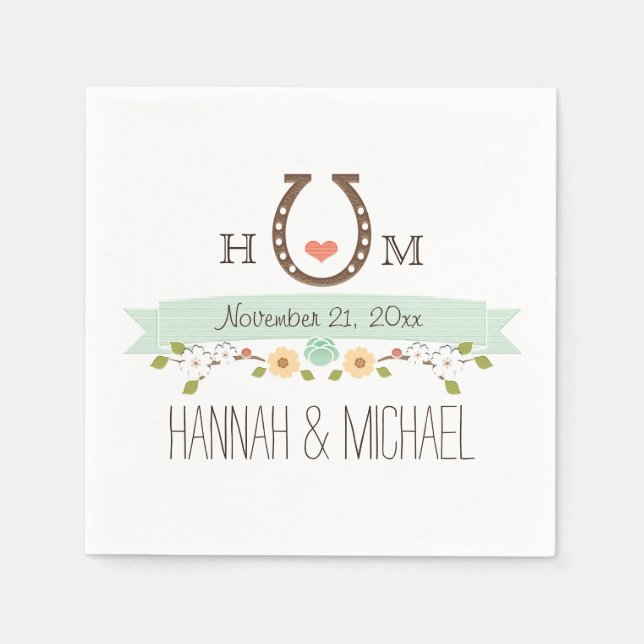 Monogrammed Mint Green Horseshoe Heart Wedding Napkin (Front)