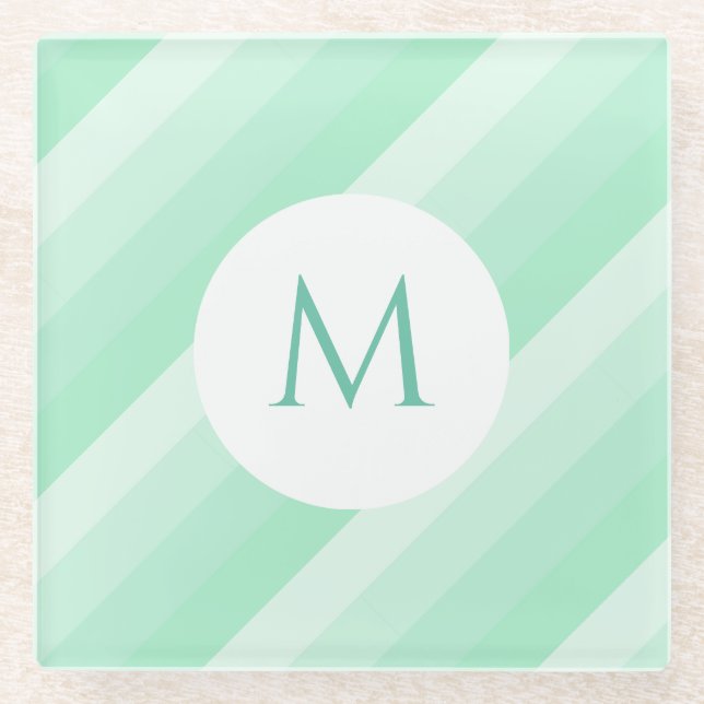 Monogrammed Mint Green Striped Modern Template Glass Coaster (Front)