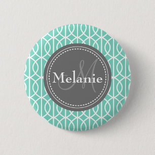 Monogrammed Mint Grey Moroccan Ogee Pattern 6 Cm Round Badge