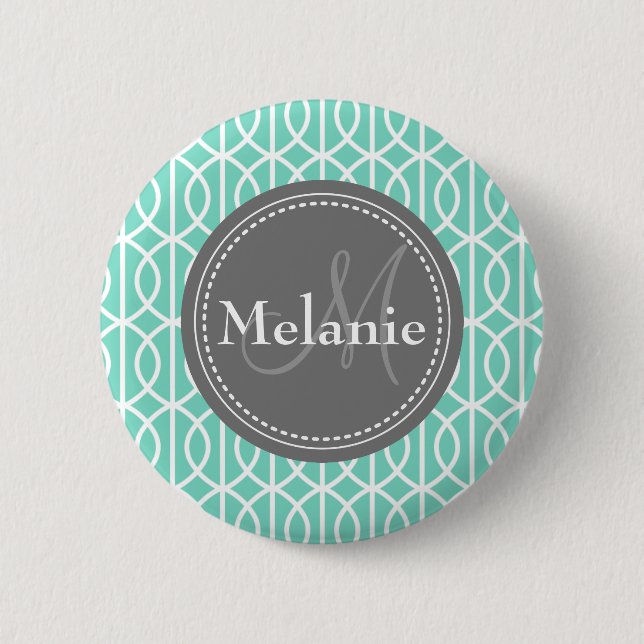 Monogrammed Mint Grey Moroccan Ogee Pattern 6 Cm Round Badge (Front)
