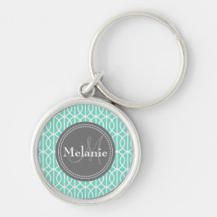 Monogrammed Mint Grey Moroccan Ogee Pattern Key Ring