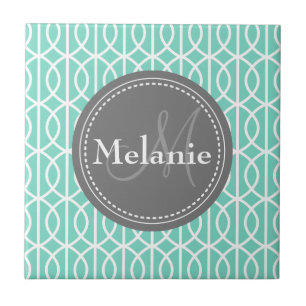 Monogrammed Mint Grey Moroccan Ogee Pattern Tile