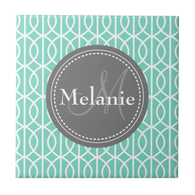 Monogrammed Mint Grey Moroccan Ogee Pattern Tile (Front)