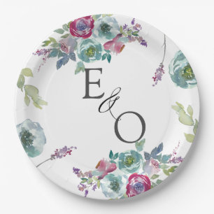 Monogrammed Mint & Mauve floral wedding Paper Plate