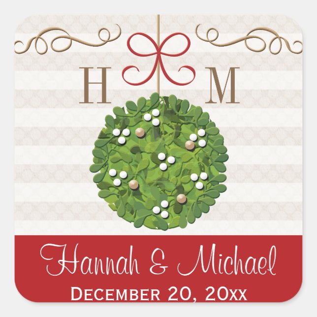 Monogrammed Mistletoe Kissing Ball Square Sticker (Front)