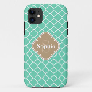 Monogrammed Mocha Brown Mint Quatrefoil Pattern Case-Mate iPhone Case