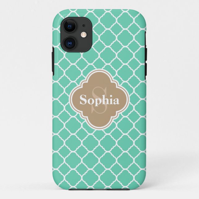 Monogrammed Mocha Brown Mint Quatrefoil Pattern Case-Mate iPhone Case (Back)
