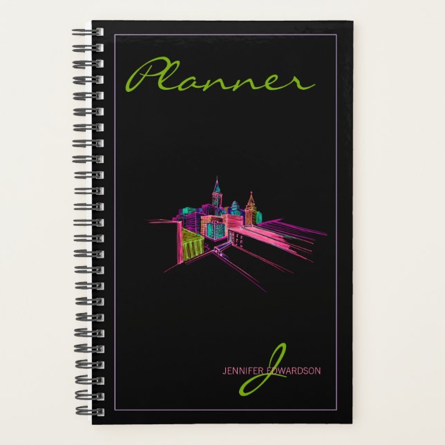 Monogrammed Modern Black Elegant Vibrant City Plan Planner (Front)