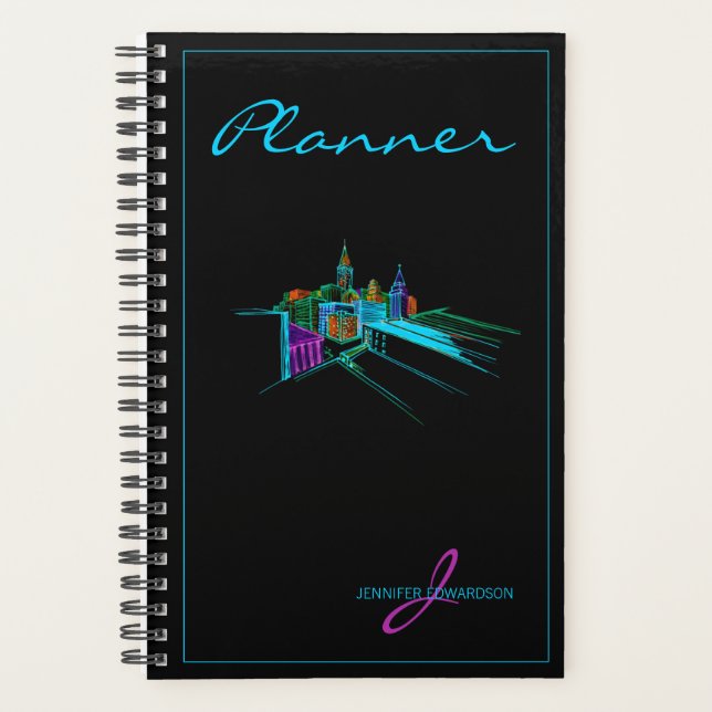 Monogrammed Modern Black Elegant Vibrant City Planner (Front)