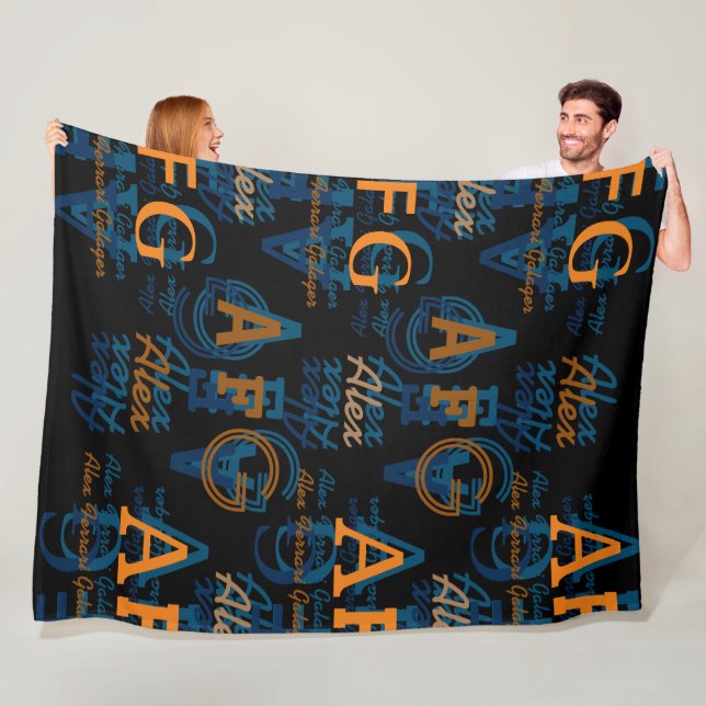 Monogrammed Modern Collage of Initials & Names Blk Fleece Blanket (In Situ)
