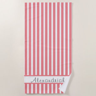 Monogrammed Modern Coral Pink White stripes Beach Towel