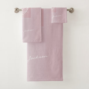 Monogrammed modern girly pink rose gold metallic bath towel set