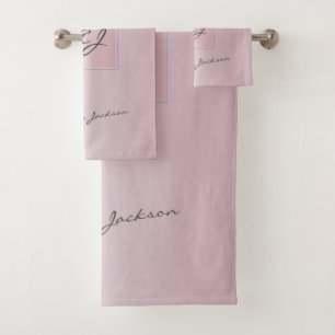 Monogrammed modern girly pink rose gold metallic bath towel set