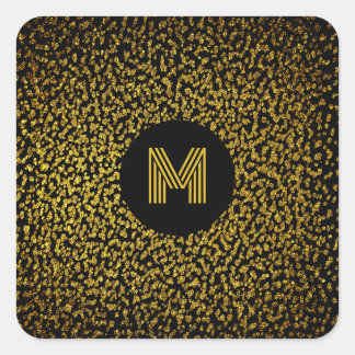 Monogrammed modern golden dots black square sticker