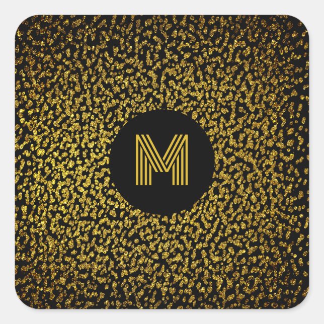 Monogrammed modern golden dots black square sticker (Front)