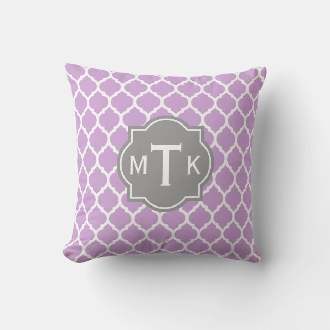 Monogrammed Modern Grey and Lilac Lattice Pattern Cushion (Front)