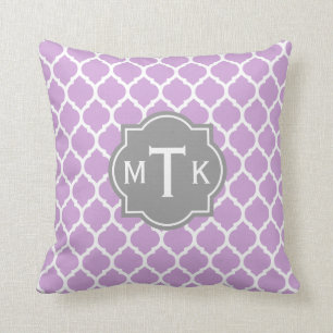 Monogrammed Modern Grey and Lilac Lattice Pattern Cushion