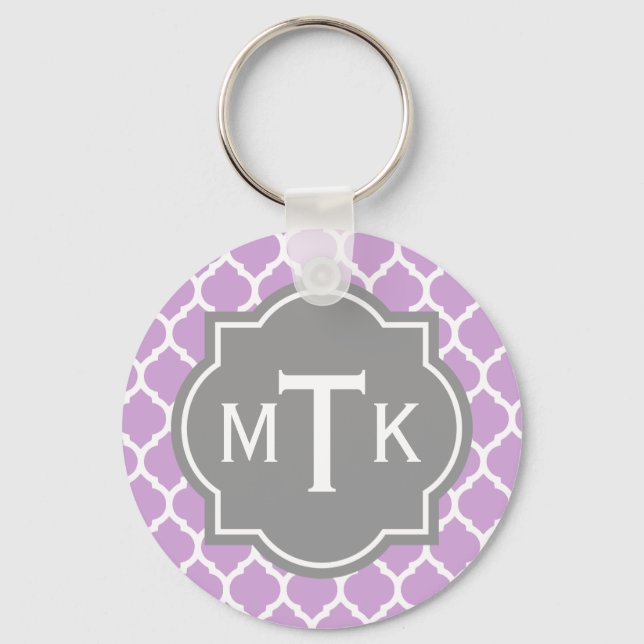 Monogrammed Modern Grey and Lilac Lattice Pattern Key Ring (Front)
