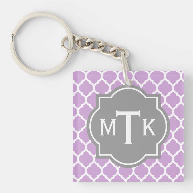 Monogrammed Modern Grey and Lilac Lattice Pattern Key Ring (Front)