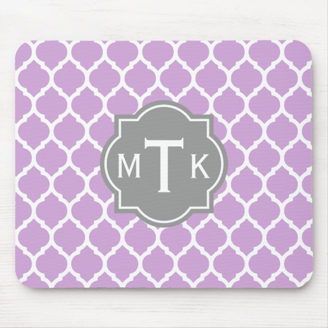 Monogrammed Modern Grey and Lilac Lattice Pattern Mouse Pad (Front)