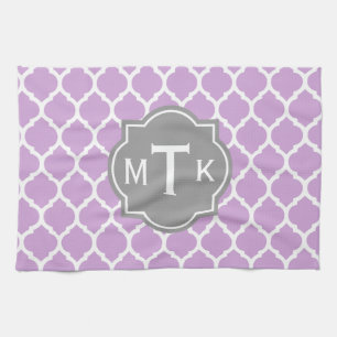 Monogrammed Modern Grey and Lilac Lattice Pattern Tea Towel