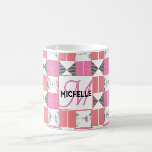 MOnogrammed Modern Pink & Black geometric pattern Coffee Mug