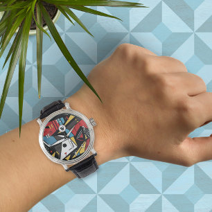 Monogrammed Modern Red & Black Geometric Abstract Watch