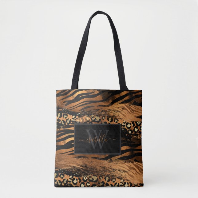 Monogrammed Modern Script Copper Glitter Tote Bag (Front)