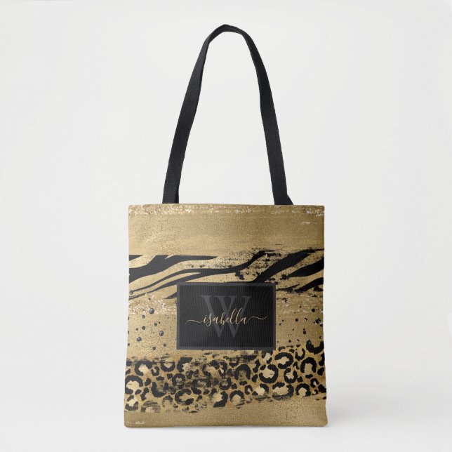 Monogrammed Modern Script Gold Glitter Tote Bag (Front)