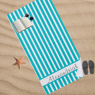 Monogrammed Modern Teal Blue White stripes Beach Towel