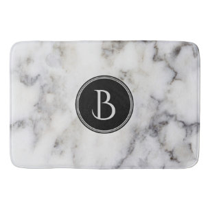 Monogrammed  Modern White & Grey Marble Stone Bath Mat