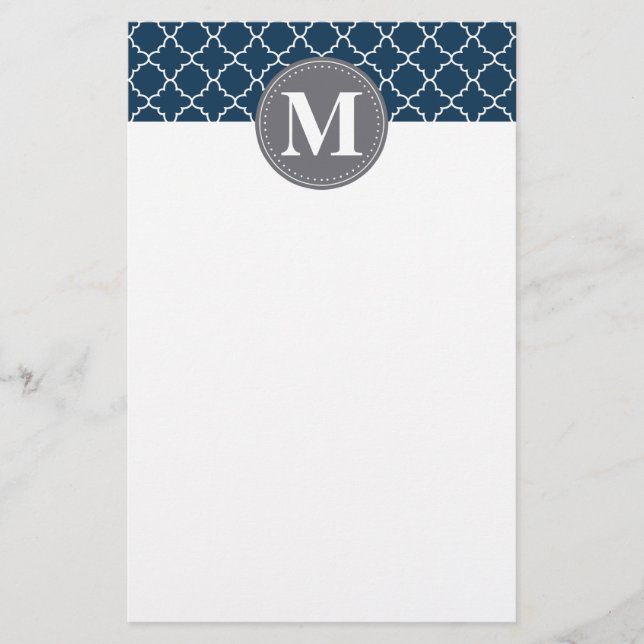 Monogrammed Moroccan Lattice in Navy / Grey Stationery (Front)