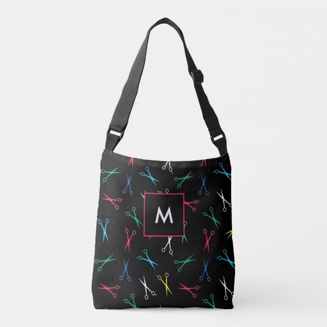 Monogrammed Multi Colour Black Scissors Pattern Crossbody Bag (Front)