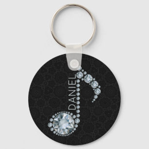 Monogrammed Music Note White Diamonds Over Black Key Ring