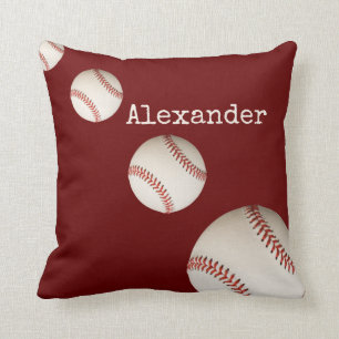 Monogrammed name baseball sport maroon red cushion