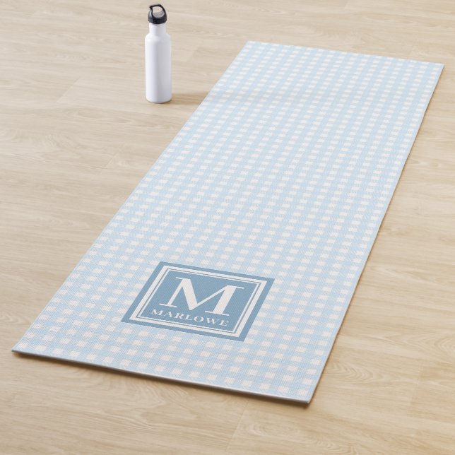 Monogrammed Name Blue White Gingham Pattern Yoga Mat (In Situ)
