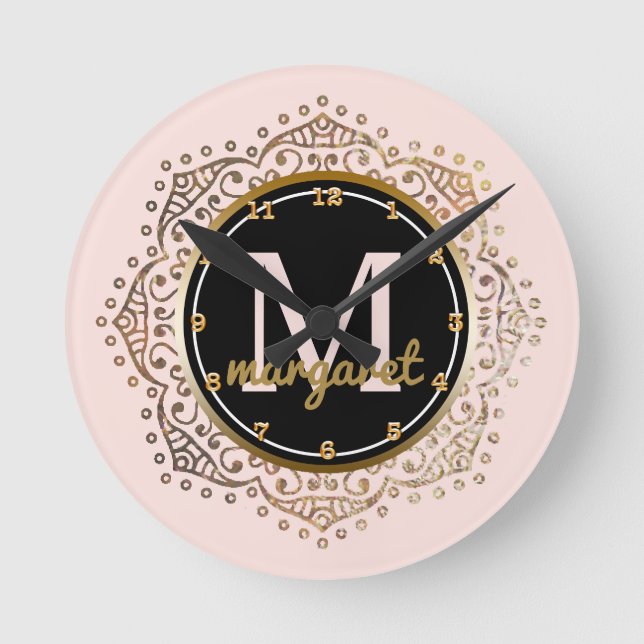 Monogrammed Name | Boho Mandala Blush Pink Gold Round Clock (Front)