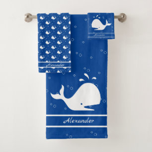 Monogrammed Name Cartoon Whale Blue white Bath Towel Set