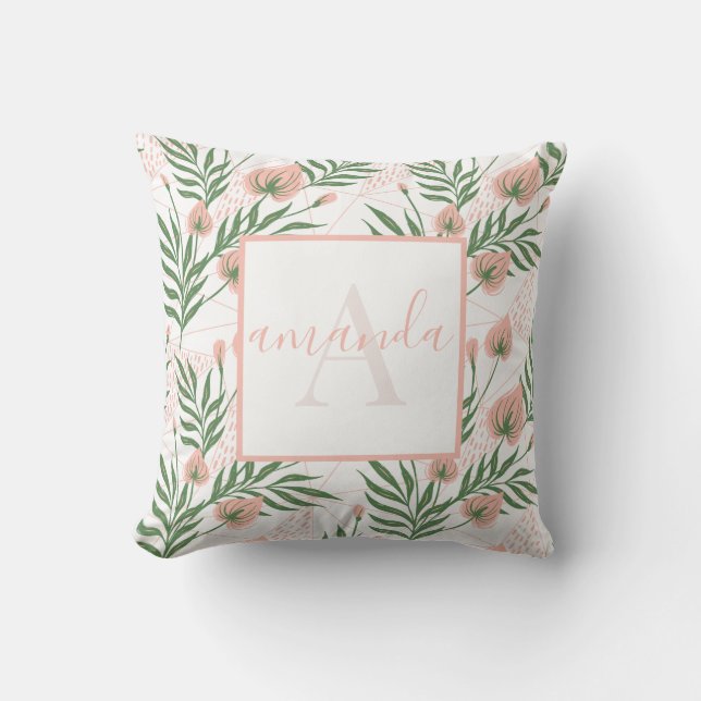 Monogrammed Name Floral Pink Green Pastel Pattern Cushion (Front)