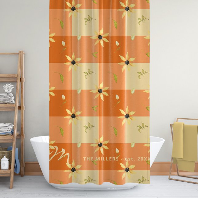 Monogrammed name floral rustic orange gingham shower curtain (Creator Uploaded)