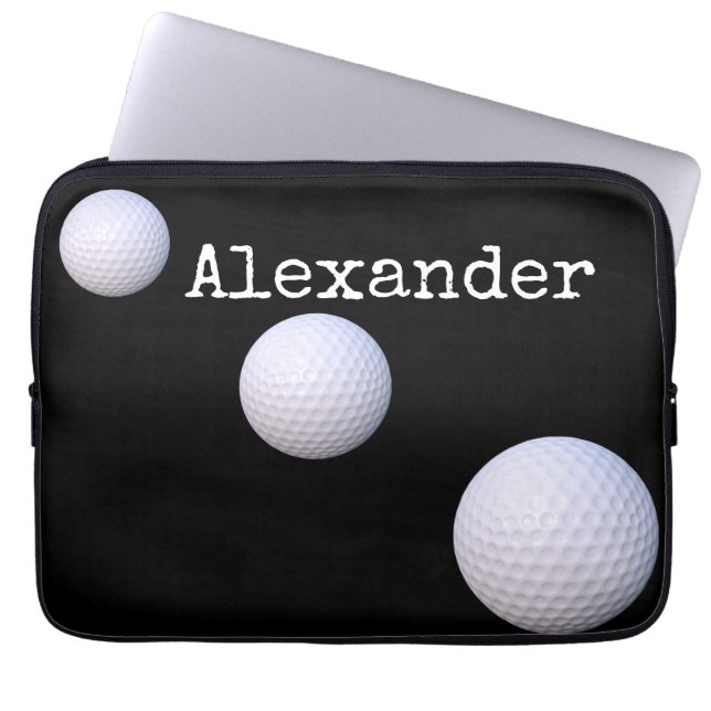 Monogrammed name golf ball black background  laptop sleeve (Front)