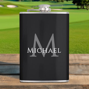 Monogrammed Name Initial Black Grey Custom Hip Flask