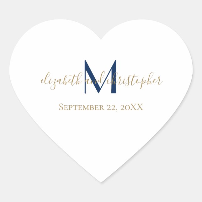 Monogrammed Name Initials Blue Gold Wedding Heart Sticker (Front)