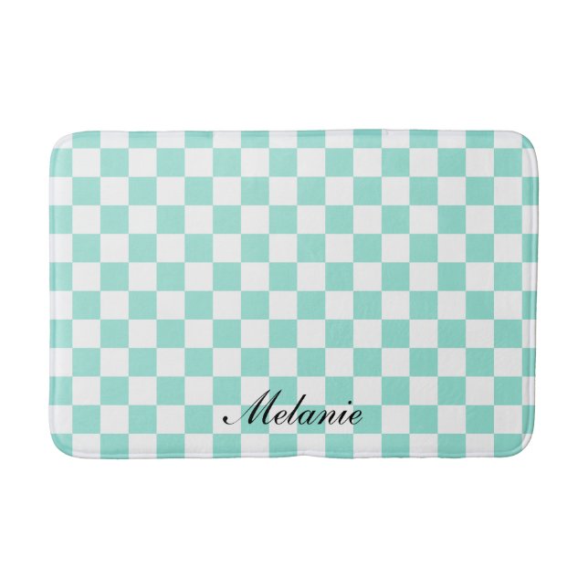 Monogrammed Name Modern Mint and White Chequered Bath Mat (Front)