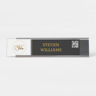 Monogrammed Name & Modern Signature / QR Code Desk Name Plate