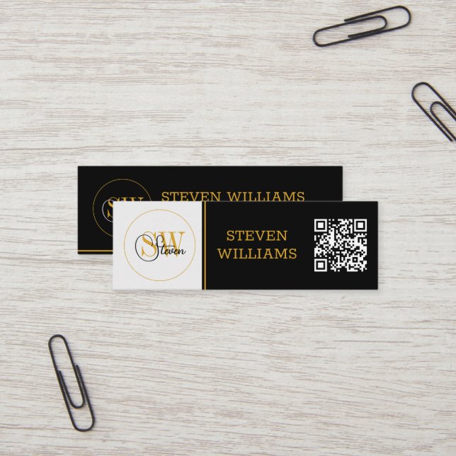 Monogrammed Name & Modern Signature / QR Code Mini Business Card (Front/Back In Situ)