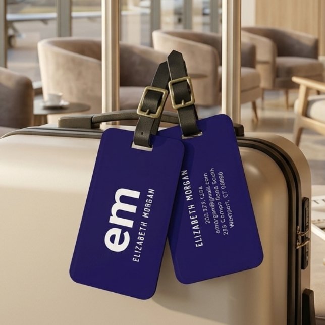 Monogrammed Name Modern Simple Chic Blue  Luggage Tag (Creator Uploaded)
