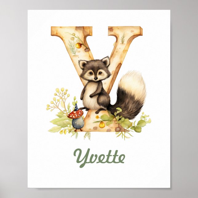 Monogrammed Name Nursery Poster Woodland Letter Y (Front)